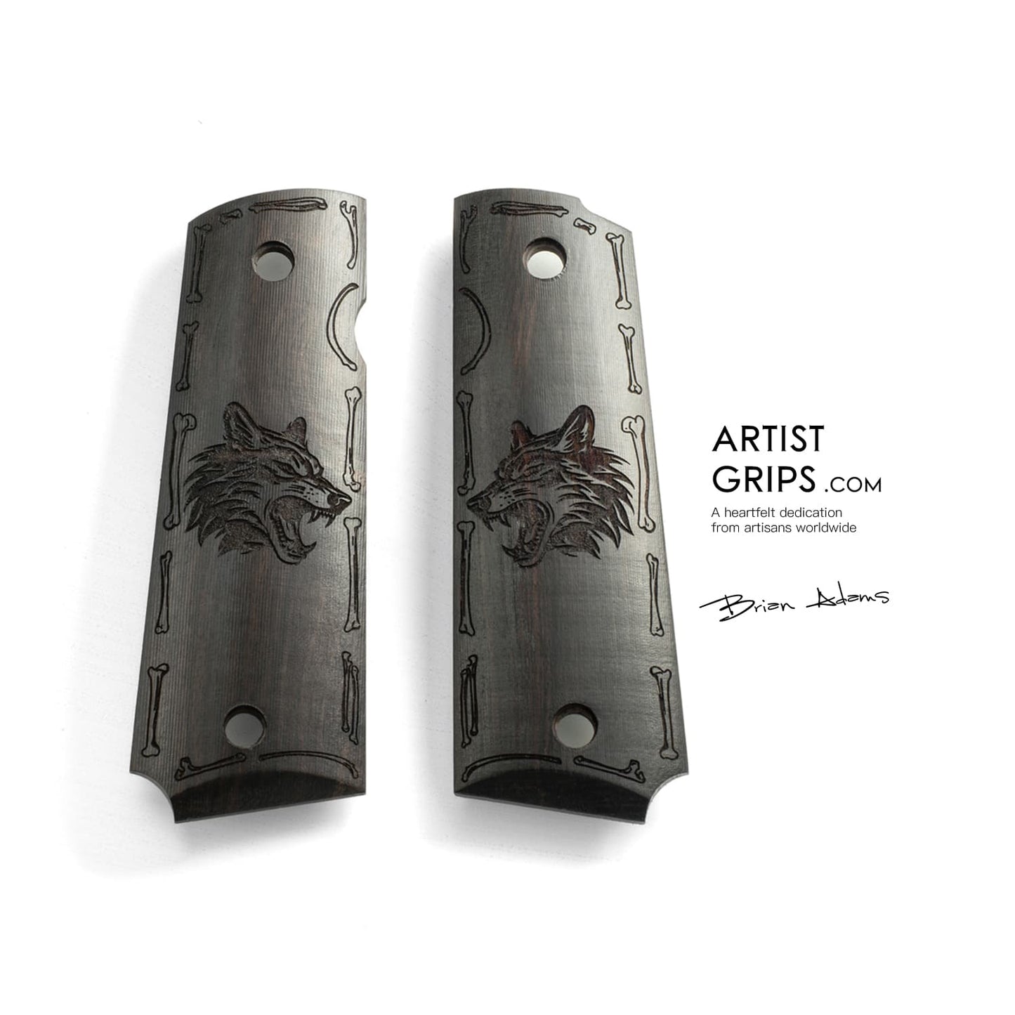 1911 Full Size Black Ebony Pistol Grips Bas-relief Wolf D2
