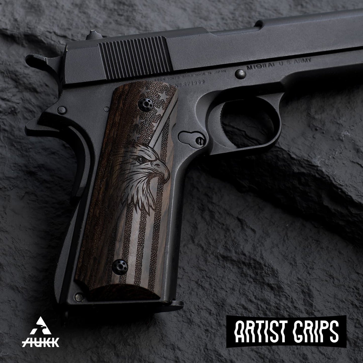 1911 Full Size Black Ebony Pistol Grips Bas-relief National Flag & Eagle