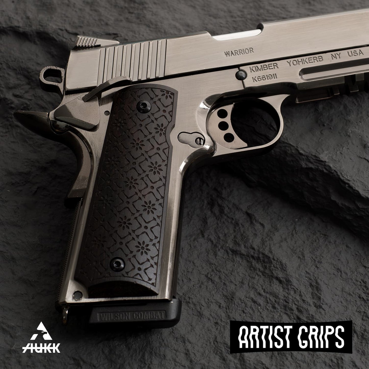1911 Full Size Black Ebony Pistol Grips Bas-relief Cross and Flowers