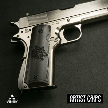 1911 Full Size Black Ebony Pistol Grips Bas-relief Wolf D2