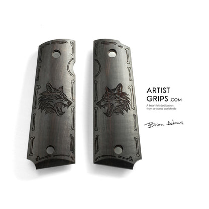 1911 Full Size Black Ebony Pistol Grips Bas-relief Wolf D2