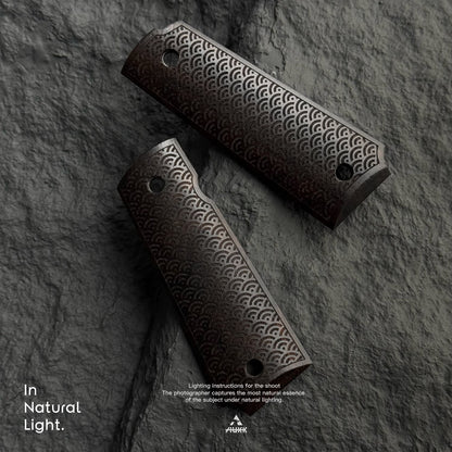 1911 Full Size Black Ebony Pistol Grips Bas-relief Japanese Wave Pattern