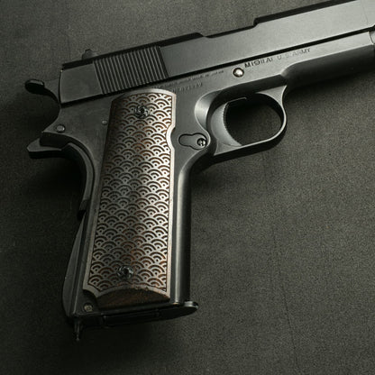 1911 Full Size Black Ebony Pistol Grips Bas-relief Japanese Wave Pattern